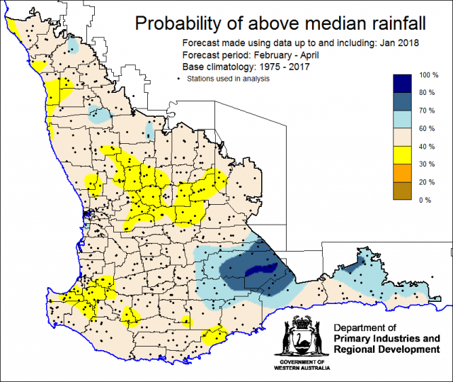 SSF forecast of probability of exceeding median rainfall for February to April 2018. Indicating less mostly neutral outlook 40-60% chance of receiving median rainfall for the majority of the grainbelt and higher chances (above 60%) for part of southern ag
