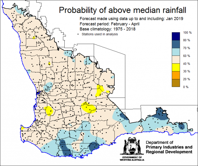SSF forecast of the probability of exceeding median rainfall for February to April 2019 using data up to and including January. Indicating generally neutral chance of the Southwest Land Division receiving above median rainfall.
