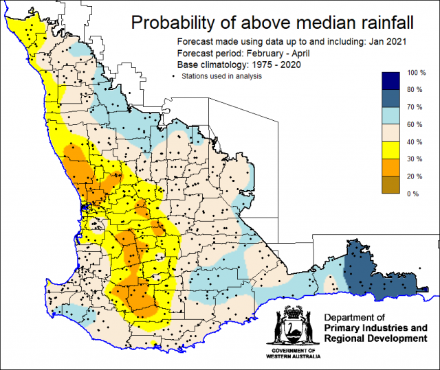 SSF forecast of the probability of exceeding median rainfall for February to April 2021 using data up to and including January. Indicating above 40% chance of exceeding median rainfall for the eastern part of the South West Land Division.