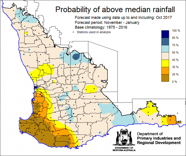 SSF forecast of probability of exceeding median rainfall for November 2017 to January 2018. Indicating a neutral chance of receiving median rainfall for the majority of the South West Land Division. With lower chance (less than 40%) for the south-west cor