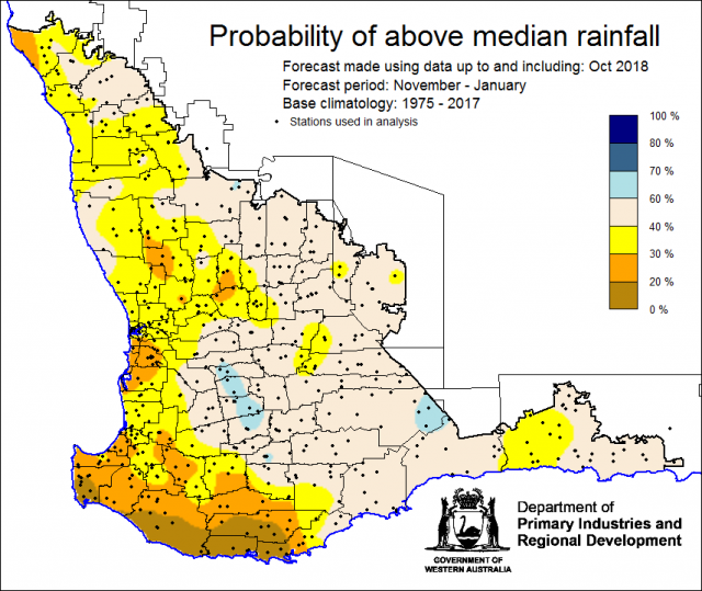 SSF forecast of the probability of exceeding median rainfall for November 2018 to January 2019 using data up to and including October. Indicating a drier than normal outlook (less than a 40% chance) of receiving above median rainfall for northern grainb