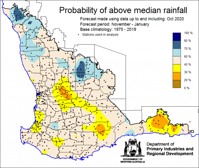 SSF forecast of the probability of exceeding median rainfall for November 2020 to January 2021 using data up to and including October. Indicating mixed chances of exceeding median rainfall for the majority of the South West Land Division.