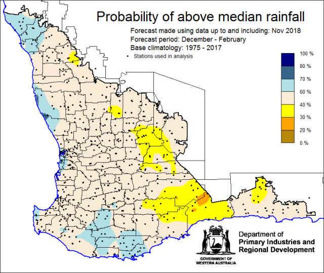 SSF forecast of the probability of exceeding median rainfall for December 2018 to February 2019 using data up to and including November. Indicating generally neutral chance of the Southwest Land Division receiving above median rainfall for summer.