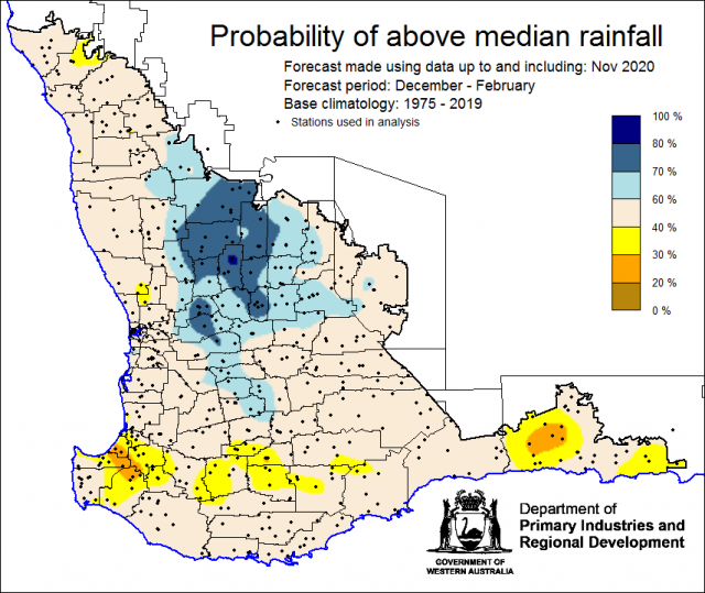SSF forecast of the probability of exceeding median rainfall for December 2020 to February 2021 using data up to and including November. Indicating below 40% chance of exceeding median rainfall for the majority of the South West Land Division.