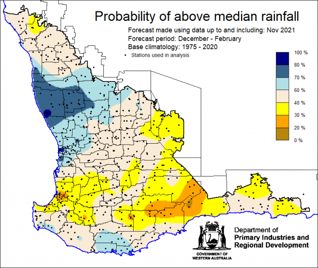 SSF forecast of the probability of exceeding median rainfall for December 2021 to February 2022 using data up to and including November. Indicating mixed chances of exceeding median rainfall for the South West Land Division.