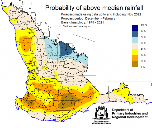 SSF forecast of the probability of exceeding median rainfall for December 2022 to FebrurayFebruary 2023 using data up to and including November. Indicating mixed probabilities of above median rainfall for the South West Land Division