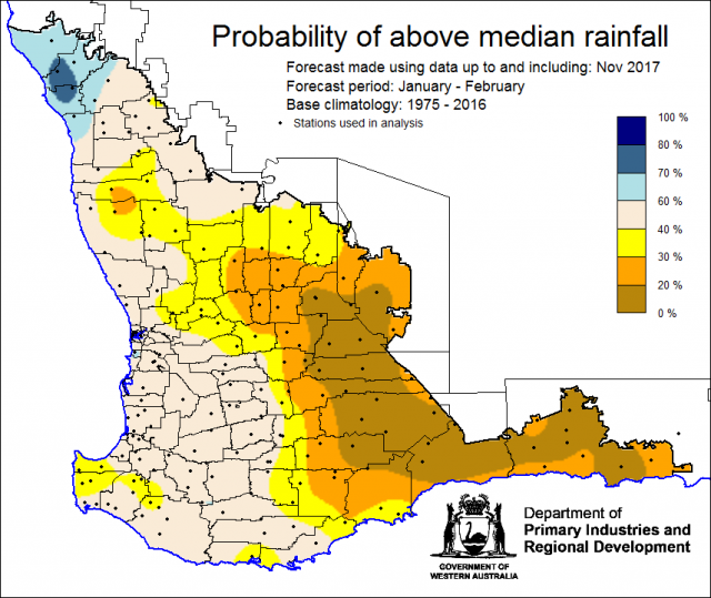 SSF forecast of probability of exceeding median rainfall for January to February 2018. Indicating less than 40% chance of receiving median rainfall for the majority of the wheatbelt and higher chances (above 60%) for the far northern agricultural region