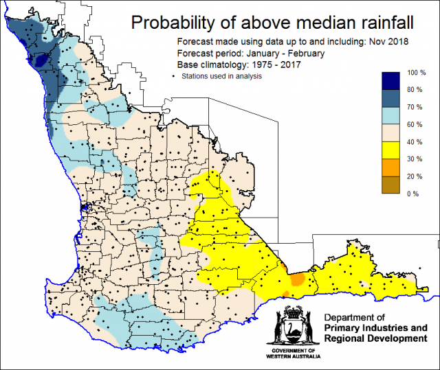 SSF forecast of the probability of exceeding median rainfall for January to February 2019 using data up to and including November. Indicating generally neutral chance of the Southwest Land Division receiving above median rainfall.