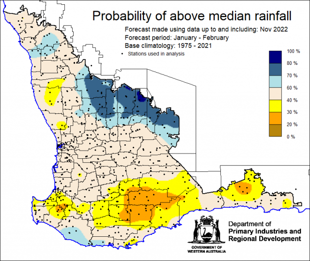 SSF forecast of the probability of exceeding median rainfall for January to February using data up to and including November. Indicating mixed probabilities of above median rainfall for the South West Land Division.