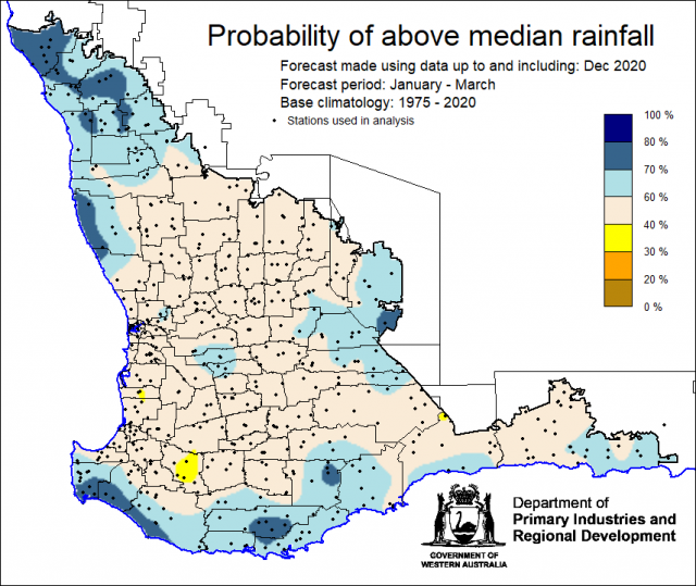SSF forecast of the probability of exceeding median rainfall for January to March 2021 using data up to and including December. Indicating above 40% chance of exceeding median rainfall for the majority of the South West Land Division.
