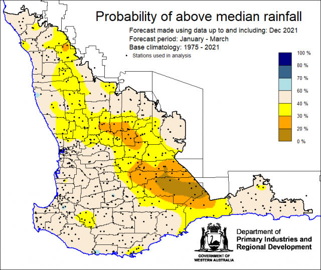 SSF forecast of the probability of exceeding median rainfall for January to March 2022 using data up to and including December. Indicating less than 60% chance of exceeding median rainfall for the South West Land Division.