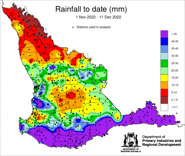 Rainfall to date map for South West Land Division 1 November – 11 December showing rainfall along the south coast.