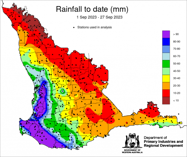 Rainfall to date map for the South West Land Division for 1 to 27 September 2023. Highest falls was Pemberton 167 mm.