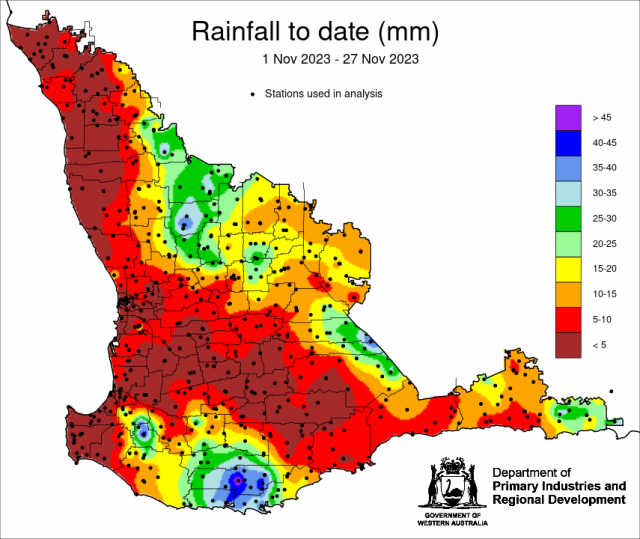 Rainfall to date map 1-27 November 2023 for the South West Land Division. Mount Barker has had 51 mm.