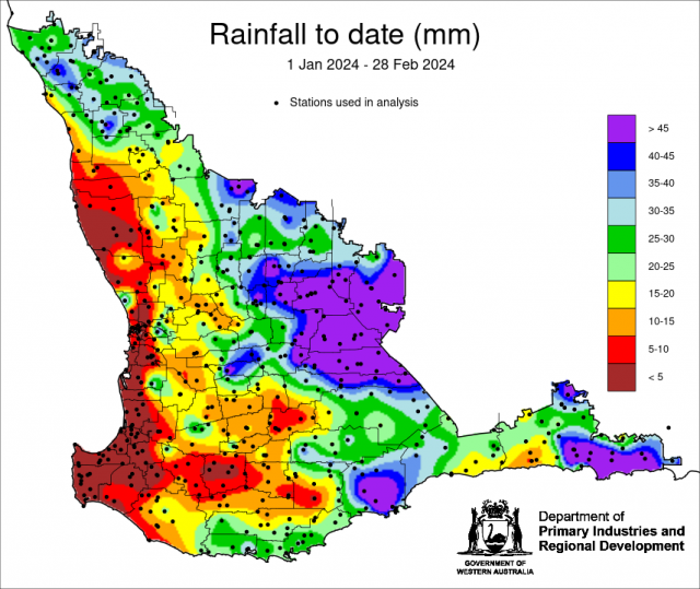 Rainfall to date map for 1 January to 28 February 2024 for the South West Land Division. Indicating high falls for central west, central wheatbelt, south coastal and south east coastal forecast districts.