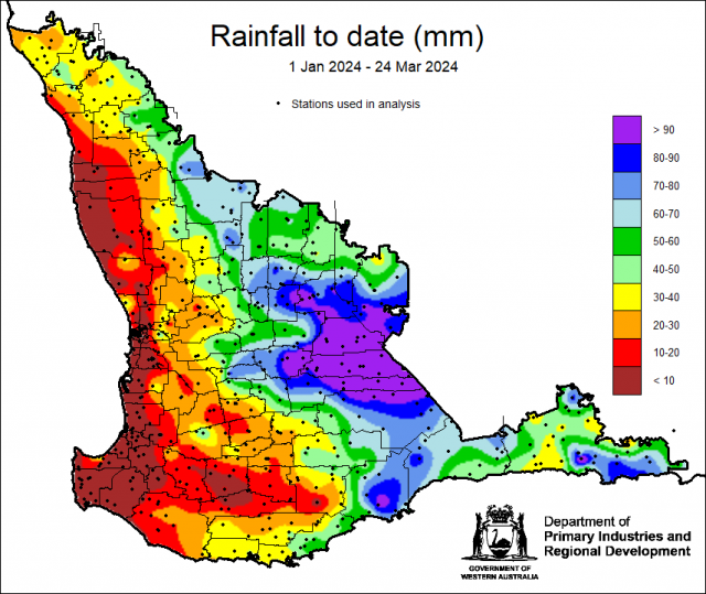 Rainfall to date map for 1 January to 24 March 2024 for the South West Land. Indicating high falls for shires surrounding Hyden. Division.