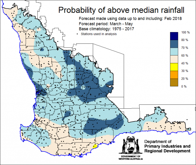 SSF forecast of the probability of exceeding median rainfall for March to May, autumn 2018. Indicating a wetter than normal outlook (60-80% chance) of receiving median rainfall for the majority of the grainbelt.