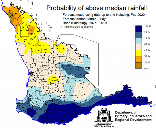SSF forecast of the probability of exceeding median rainfall for autumn March to May 2020 using data up to and including February. Indicating a mixed outlook for the Southwest Land Division.