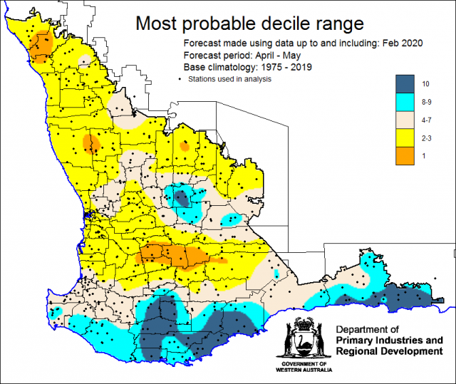 Probable decile map for April to May from the SSF. Indicating decile 8-10 rainfall for southern regions.