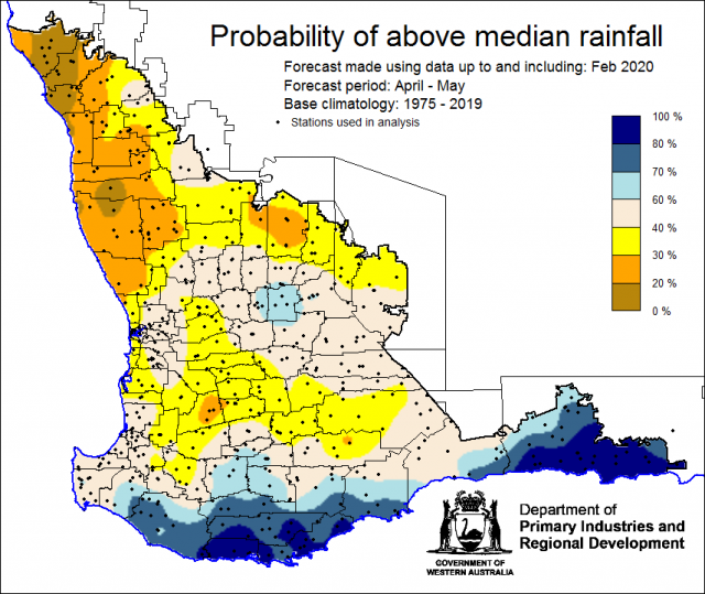 SSF forecast of the probability of exceeding median rainfall for April to May 2020 using data up to and including February. Indicating a mixed outlook for the Southwest Land Division.