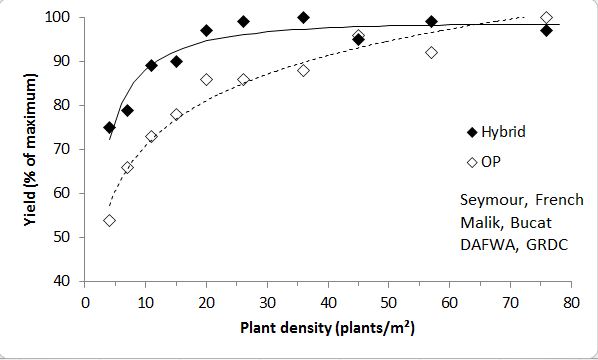 Low plant density reduces yields of open pollinated canola more than hybrid canola