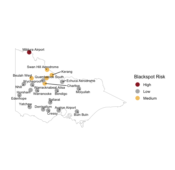 Map showing the relative current risk of spores based upon Blackspot Model outputs for various locations in Victoria, 29th May 2023.