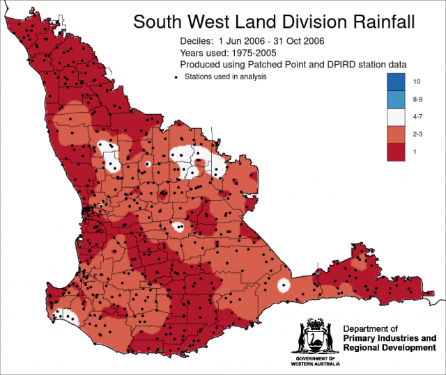 Decline rainfall map June to October 2006 for the South West Land Division, indicating decile 1-3 rainfall.