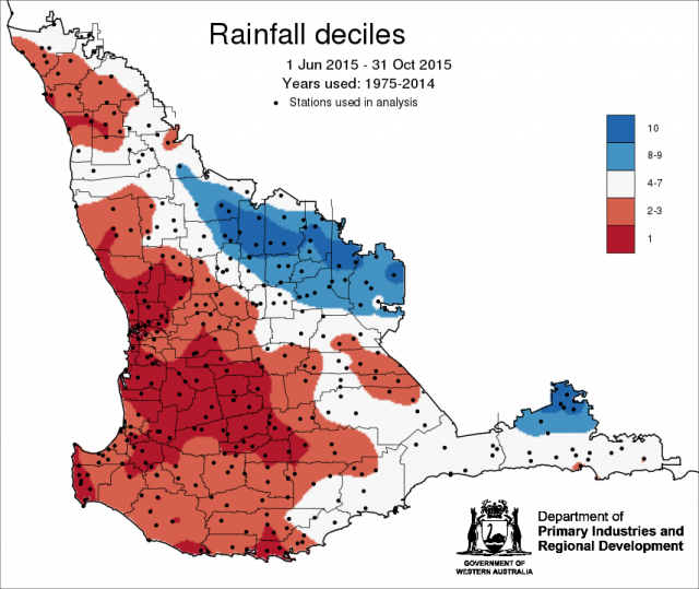Decile rainfall map June to October 2015 for the South West Land Division, indicating decile 1-3 rainfall for the majority.