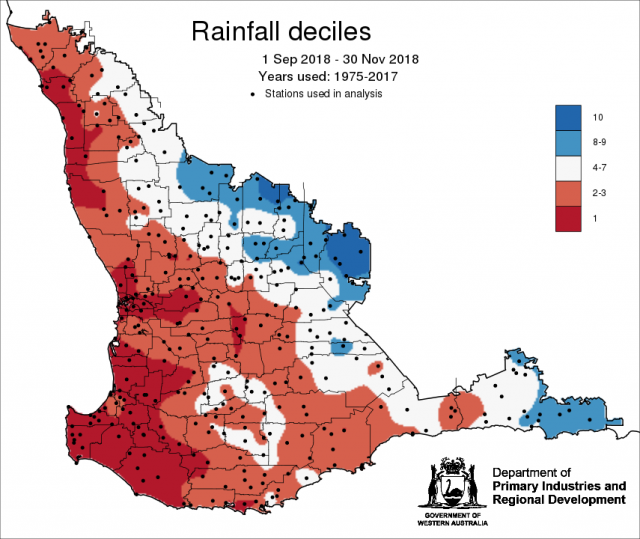 Rainfall decile map for 1 September to 30 November 2018 for the South West Land Division. Showing below average spring rainfall.