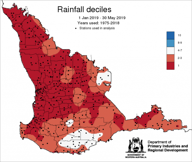 Rainfall decile map for 1 January  to 30 May 2019 for the South West Land Division. Indicating that some the majority of the grainbelt is tracking below average.
