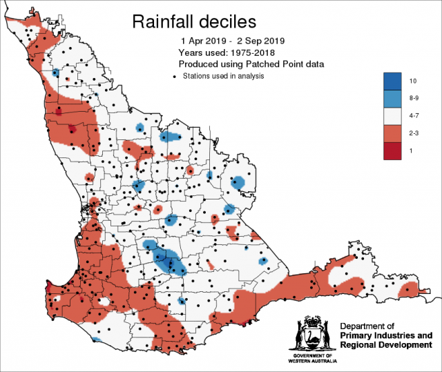 Rainfall decile map for 1 April to 2 September 2019 for the South West Land Division. Indicating that the majority of the region is tracking below decile 5 to date.