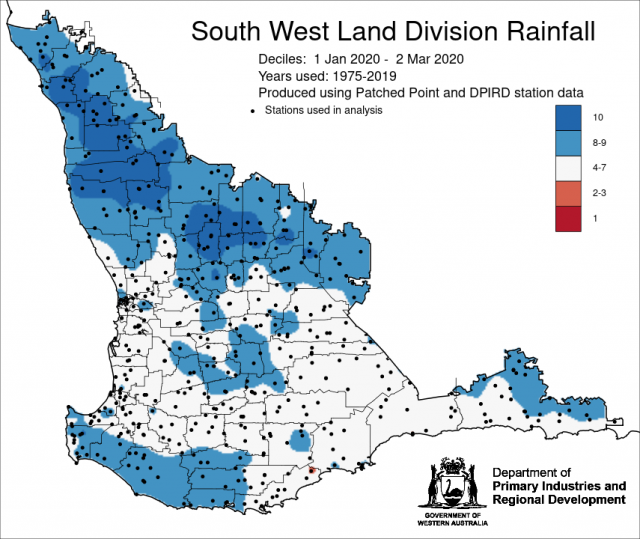 Rainfall deciles for 1 January to 2 March 2020 in the South West Land Division. Indicating above average rainfall for northern and eastern parts.