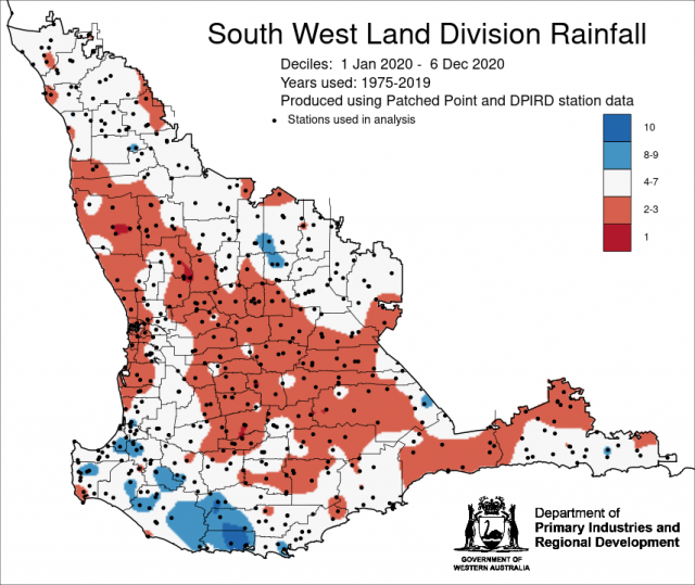 Rainfall deciles for 1 January to 6 December 2020 in the South West Land Division. Indicating below average rainfall for the majority of the SWLD.