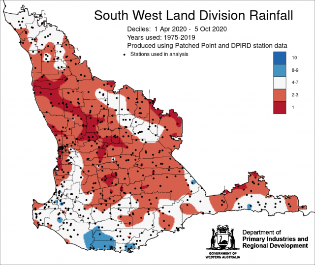 Rainfall decile map 1 April to 5 October for the South West Land Division, indicating mostly below average rainfall.