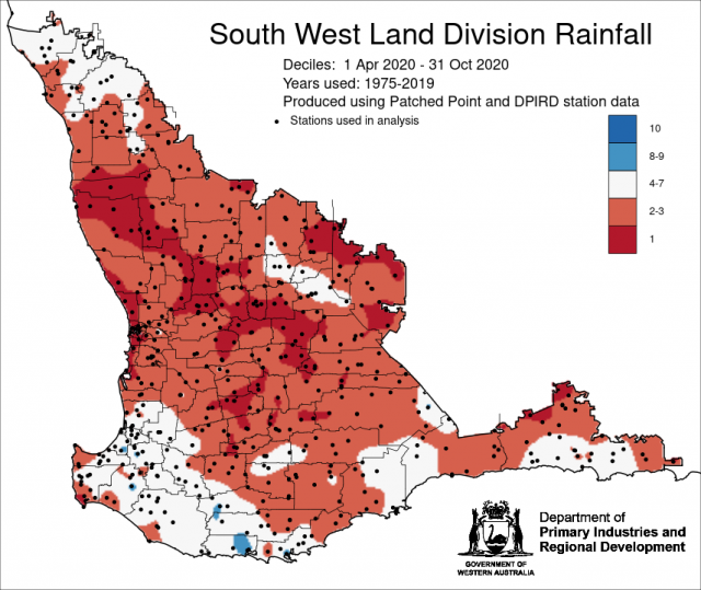 Rainfall deciles for 1 April to 31 October 2020 in the South West Land Division. Indicating below average rainfall for the majority of the SWLD.