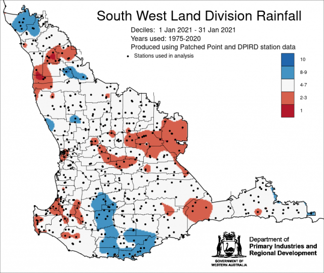 Rainfall decile map for the South West Land Division for 1-31 January 2021, showing generally average rainfall for the SWLD.
