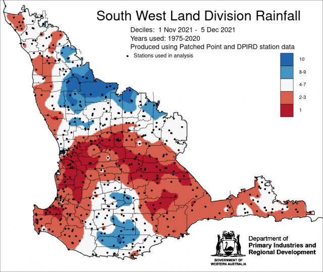 1 November to 5 December rainfall decile map for the South West Land Division. Indicating decile 2-3 for the majority