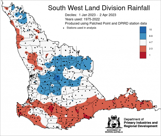 Rainfall decile map 1 January to 2 April 2023, for the South West Land Division, indicating decile 8-9 for the of the Central Wheatbelt forecast district.