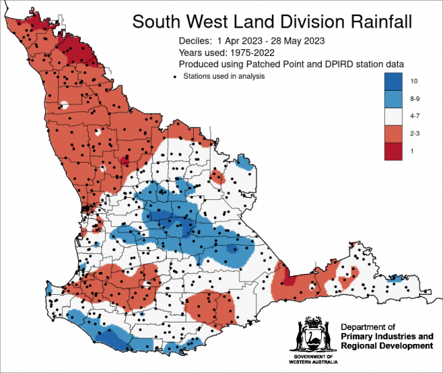 Rainfall decile map April to 28 May 2023, indicating decile 8-9 rainfall for parts of the central wheatbelt, great southern and south west forecast districts and decile 2-3 for the central west, parts of the south west, south coastal and south east coasta