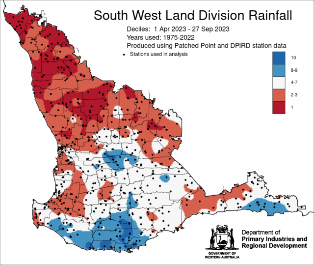 Rainfall to date and rainfall decile map 1 April to 27 September 2023, indicating decile 1 to3 rainfall for parts of the central west, central wheatbelt, lower west, south west, Great Southern and south east coastal forecast districts of the SWLD