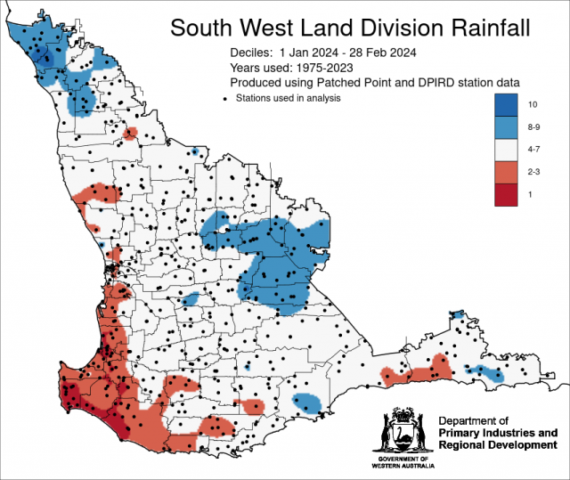Rainfall decile map for 1 January to 28 February 2024 for the South West Land Division. Indicating decile 8-10 for central west and central wheatbelt forecast districts, decile 1-3 for lower west and south-west forecast districts.