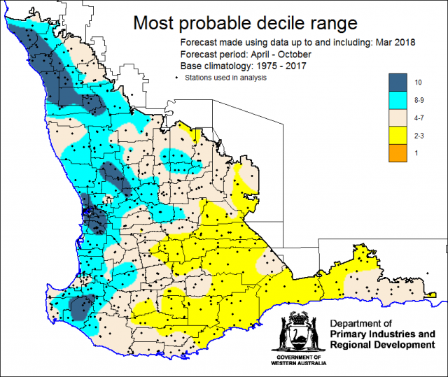 Most probable decile range for April to October 2018 rainfall indicated by SSF using March data.