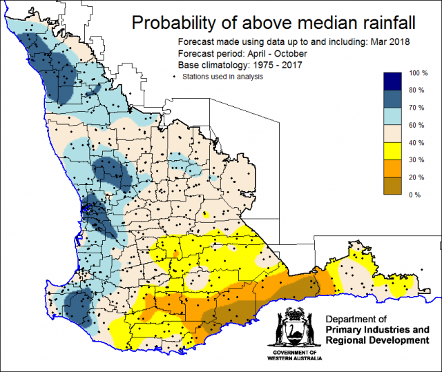 SSF forecast of the probability of exceeding median rainfall for April to October 2018. Indicating a wetter than normal outlook (60-80%) of receiving median rainfall for northern grainbelt and west coast.