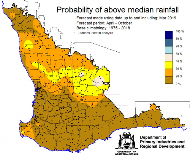 SSF forecast of the probability of exceeding median rainfall for April to October using data up to and including March. Indicating less than 40% of the Southwest Land Division receiving above median rainfall.