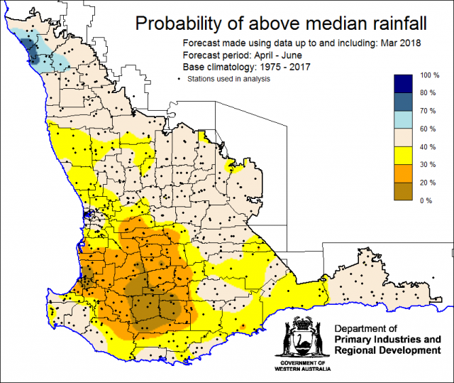SSF forecast of the probability of exceeding median rainfall for April to June 2018. Indicating a drier than normal outlook (less than 40% chance) of receiving median rainfall for southern grainbelt and neutral elsewhere.