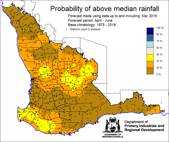 SSF forecast of the probability of exceeding median rainfall for April to June using data up to and including March. Indicating less than 40% chance of the Southwest Land Division receiving above median rainfall.