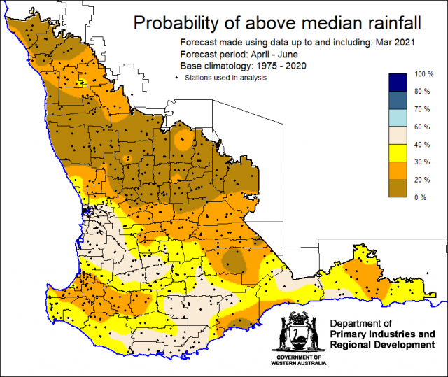 SSF forecast of the probability of exceeding median rainfall for April to June 2021 using data up to and including March. Indicating less than 40% chance of exceeding median rainfall the majority of the South West Land Division.