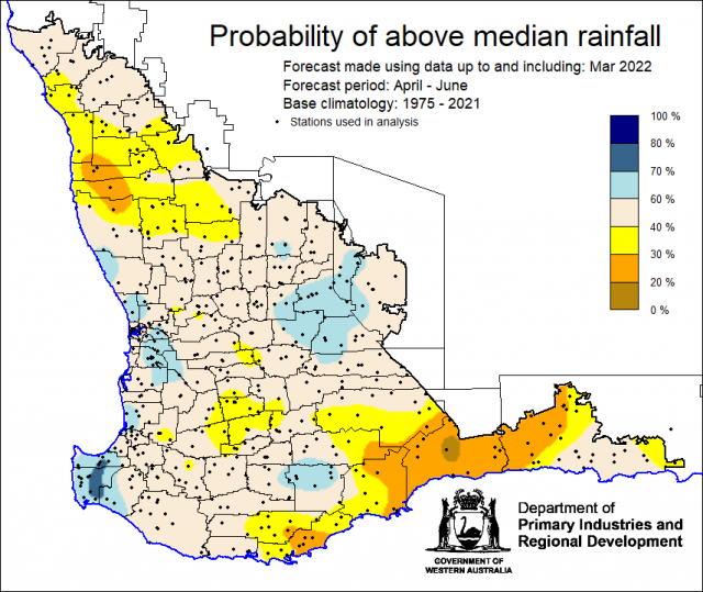 SSF forecast of the probability of exceeding median rainfall for April to June 2022 using data up to and including March. Indicating mostly neutral (40-60%) probability of above median rainfall for the South West Land Division.