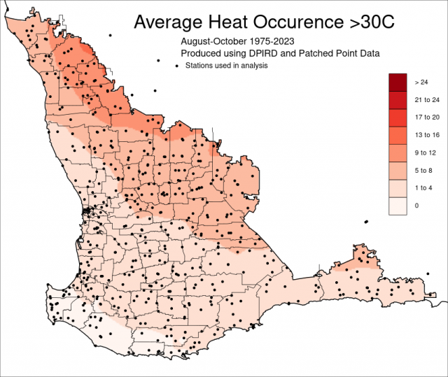 Average number of days above 30C for August to October in the South West Land Division for the years 1975-2023.