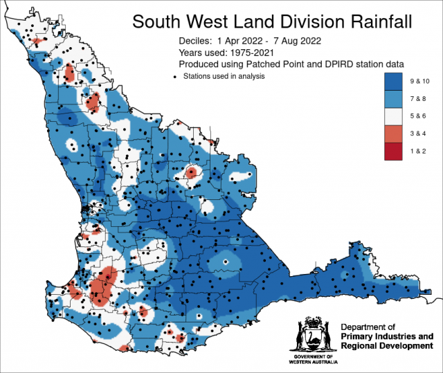 Rainfall decile map for South West Land Division 1 April – 7 August indicating 7-10 decile rainfall.